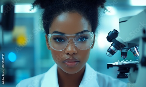 Medical Science Laboratory: Portrait of Beautiful Black Scientist Looking Under Microscope Does Analysis of Test Sample. Ambitious Young Biotechnology