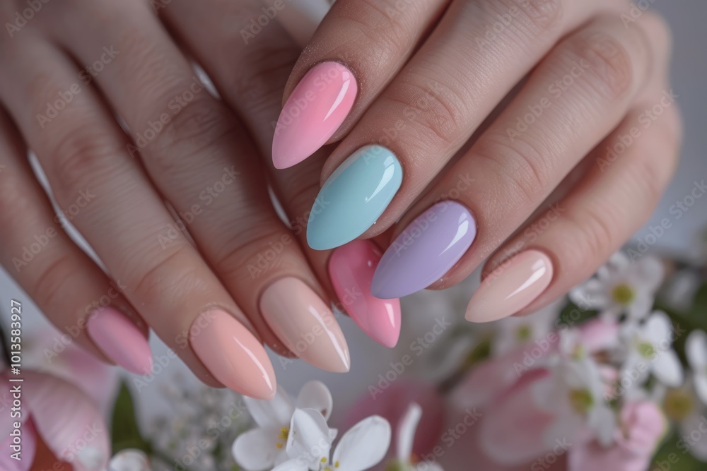 Close-up of hands with pastel-colored nail polish in shades of pink, blue, and purple, surrounded by flowers. Beauty and fashion concept for poster, print, banner, or wallpaper. Generative AI Close-up of hands with pastel-colored nail polish in shades of pink, blue, and purple, surrounded by flowers. Beauty and fashion concept for poster, print, banner, or wallpaper. Generative AI