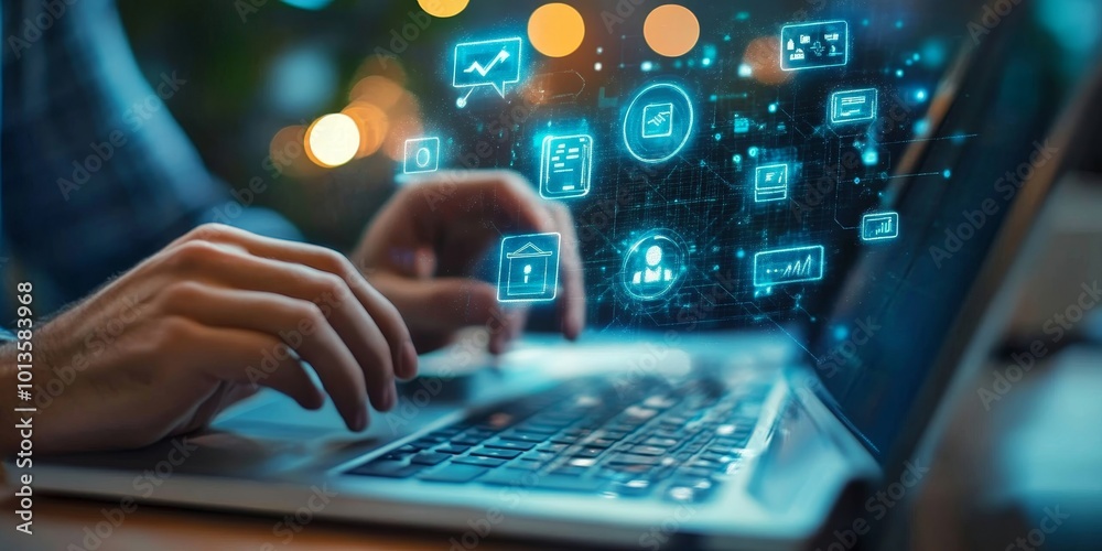 Man using laptop, digital wallet with financial icons hologram, e-commerce, Generative AI Man using laptop, digital wallet with financial icons hologram, e-commerce, Generative AI