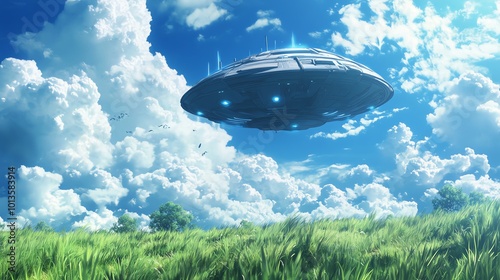 A flying saucer hovers over a lush green field with puffy white clouds in the bright blue sky.