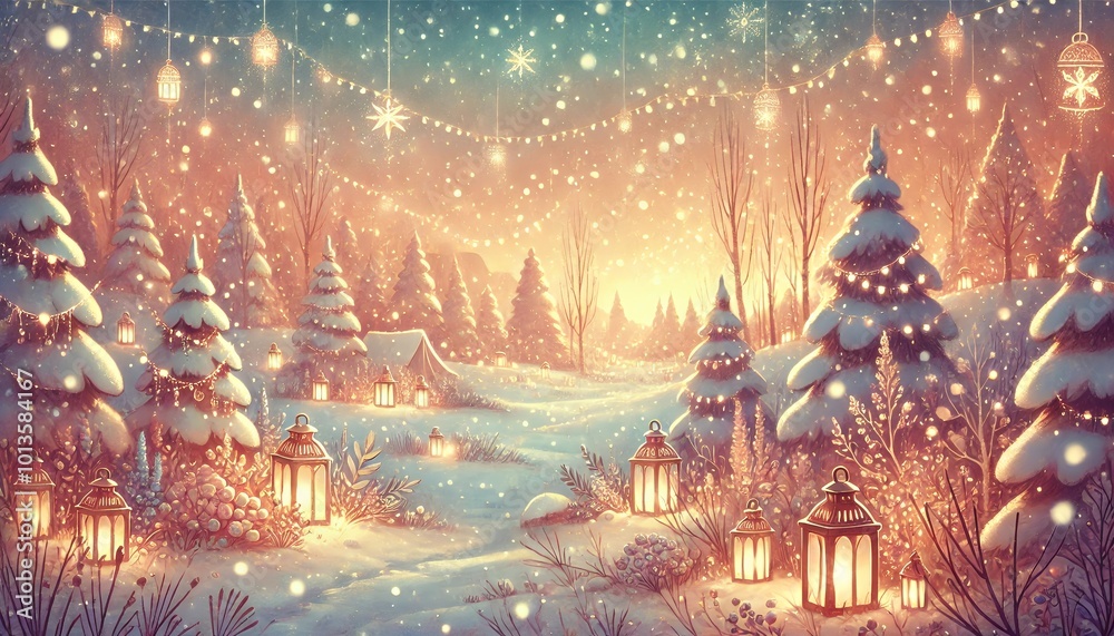 Fototapeta premium magical winter solstice celebration in a peaceful snow-covered landscape with glowing lanterns and a dreamy atmosphere