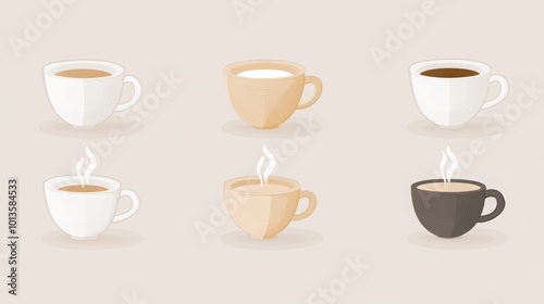 A collection of six stylized coffee cups with steam.