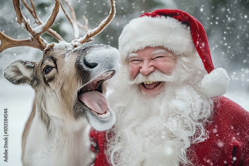 Santa Claus sharing a laugh with his trusty reindeer.