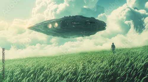 A futuristic spaceship hovers over a field of tall grass as a lone figure walks toward it.