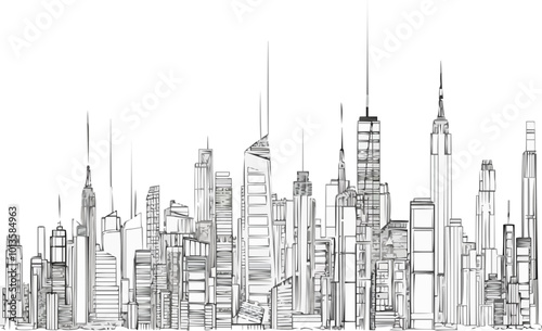 The city skyline is drawn in one continuous line on a white background. vector illustration, depicting the towering buildings and architectural details in a seamless, cohesive