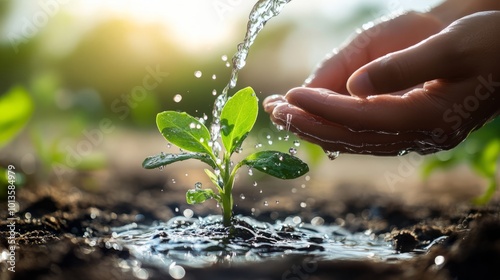 A hand watering a young plant, symbolizing growth and care.