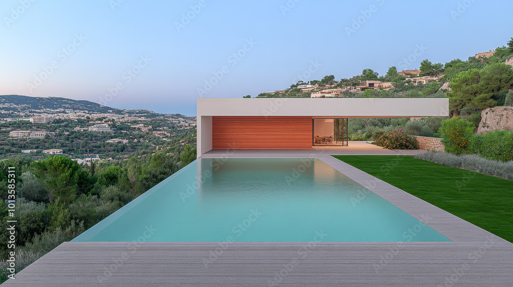 Fototapeta premium Modern villa with infinity pool overlooking lush hills during sunset in a serene landscape