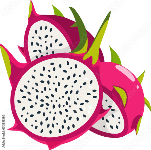 Tropical dragonfruit slice icon flat on white isolated background, vector design.