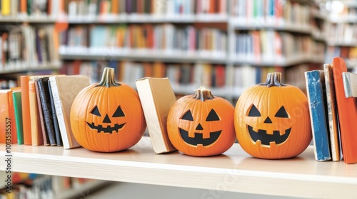 Halloween-themed escape room in a haunted American library glowing pumpkins lighting the way