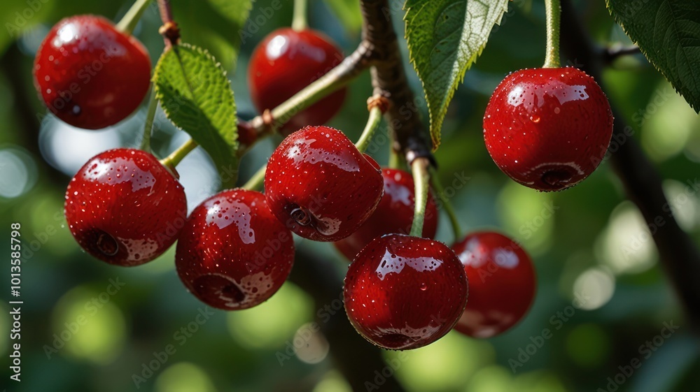 Obraz premium realistic illustration of red cherries on a tree ready to be picked