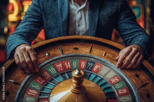 Life depend on luck, fortune wheel randomness, chance and opportunity to get new job, investment winning or gambling concept, excite businessman looking at spinning fortune wheel waiting for photo