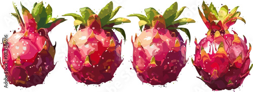 Tropical pixel dragonfruit pixel art on white isolated background, vector design.