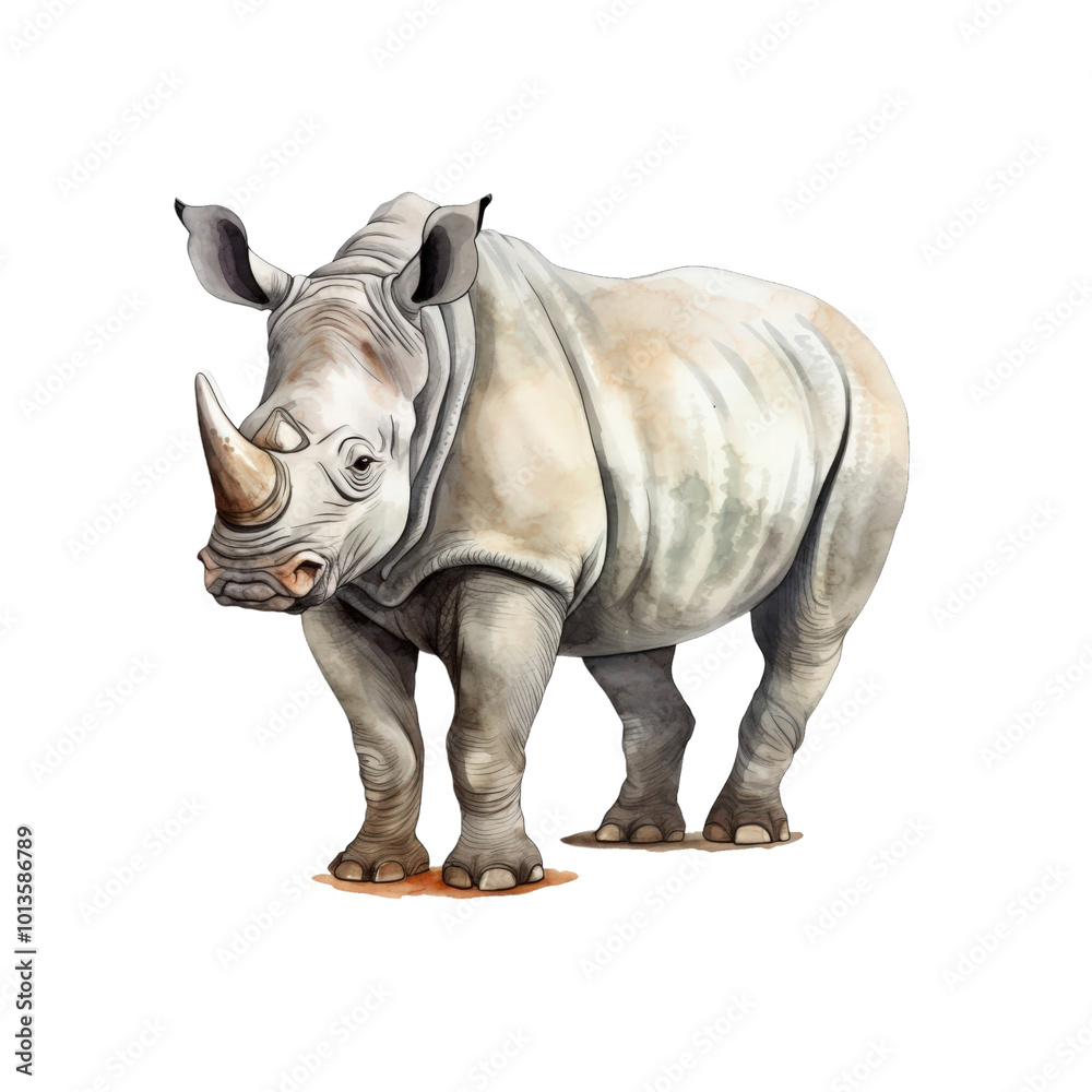 Fototapeta premium White rhinoceros watercolor illustration on white background, suitable for conservation, wildlife, and educational designs. Generative AI