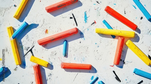 A collection of chalk sticks in bright, bold colors scattered across a white surface, evoking creative ideas photo