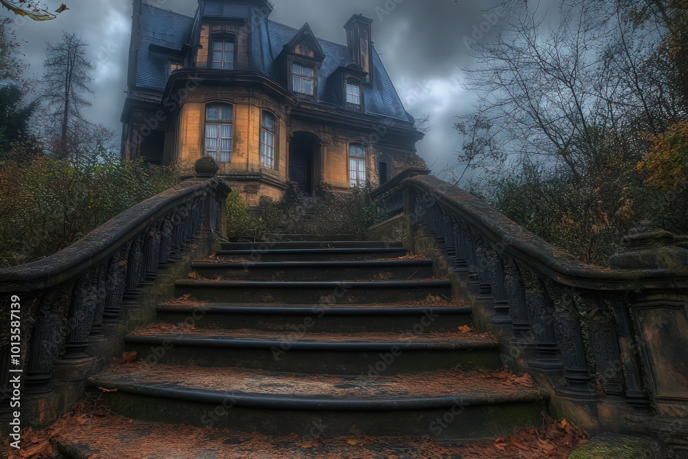 A haunted mansion with windows lit by ghostly lights. A haunted mansion with windows lit by ghostly lights.