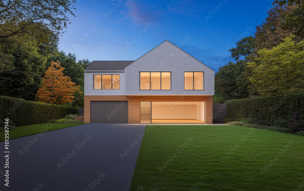 Fototapeta premium Modern house exterior at twilight with lush greenery and warm interior lights in peaceful setting