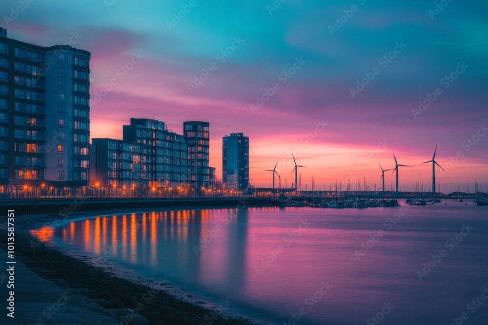 Fototapeta premium A scenic view of modern buildings along a tranquil waterfront. The sunset paints the sky in vibrant hues. Wind turbines stand tall in the distance. Generative AI