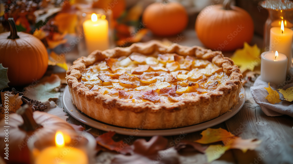 Whole Pumpkin Pie on a Festive Table with Autumn Decorations Whole Pumpkin Pie on a Festive Table with Autumn Decorations