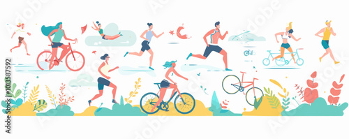 Variety of fitness activities like running, cycling, and swimming, vector illustration, flat style, icon set.