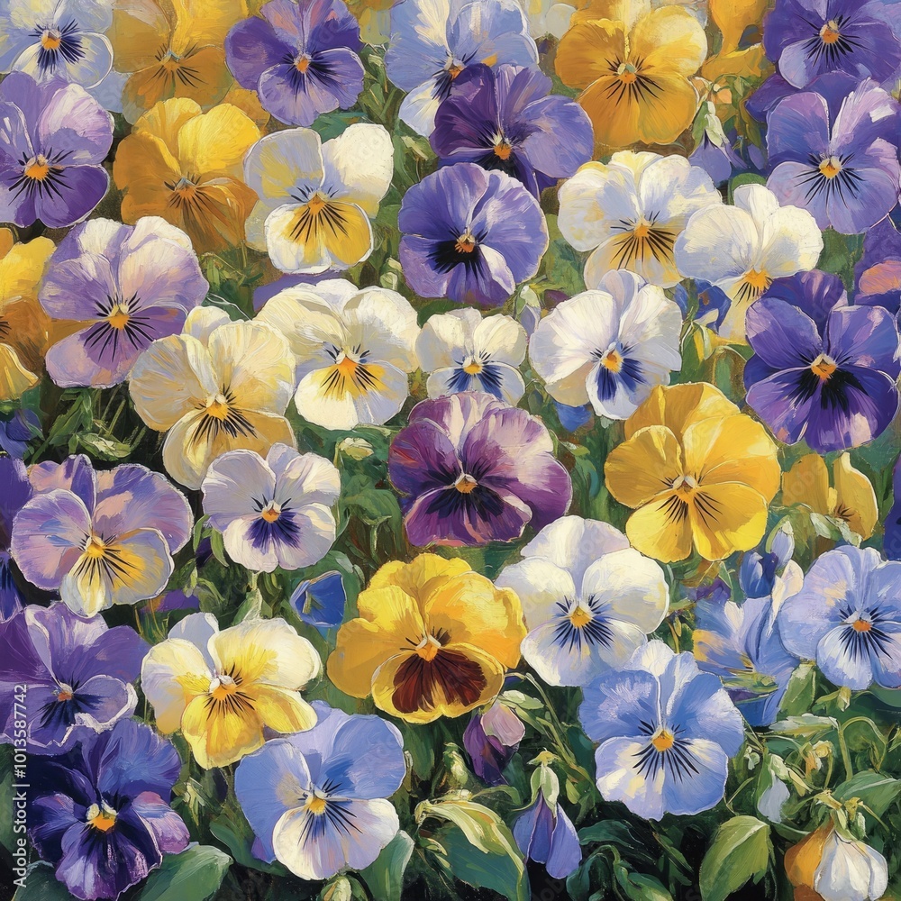 A colorful bed of pansies in shades of purple, yellow, and white, with sunlight illuminating the delicate petals A colorful bed of pansies in shades of purple, yellow, and white, with sunlight illuminating the delicate petals