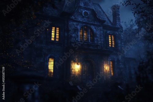 A haunted mansion with windows lit by ghostly lights. 