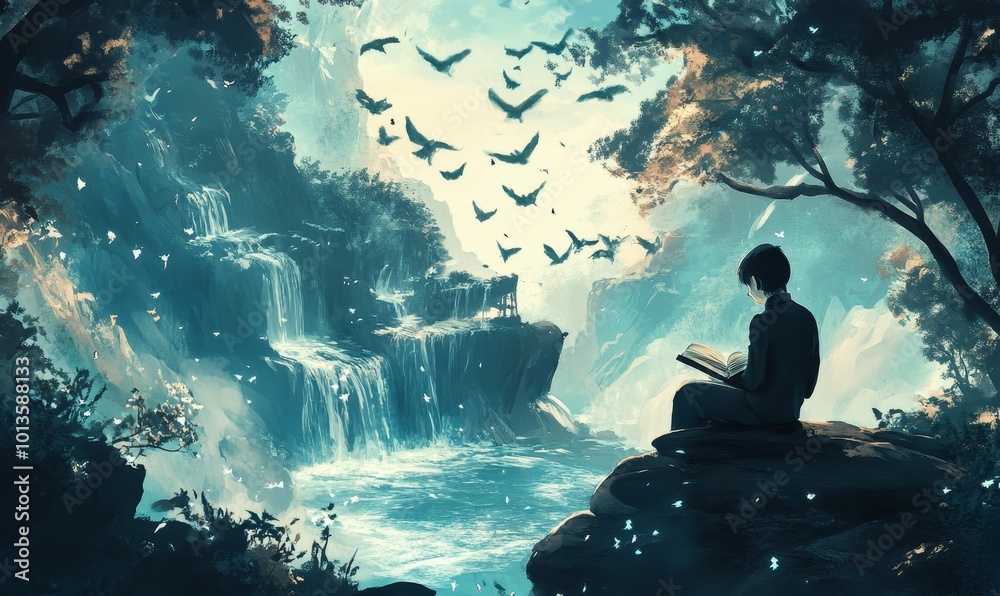 A lone figure reads a book by a waterfall.