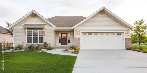 Charming suburban home with manicured lawn and inviting entrance at sunset