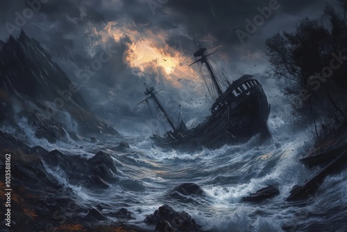 A haunted shipwreck on a stormy sea. 