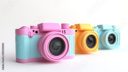 Three colorful toy cameras arranged on a white background.