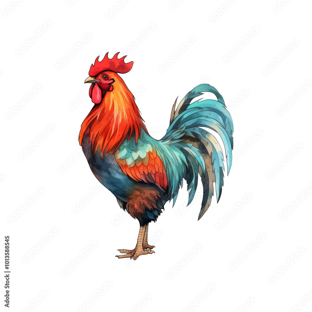 Rooster with red comb, blue wings, yellow beak, and smiling; perfect for children's books, farm animal illustrations, or greeting cards. Generative AI