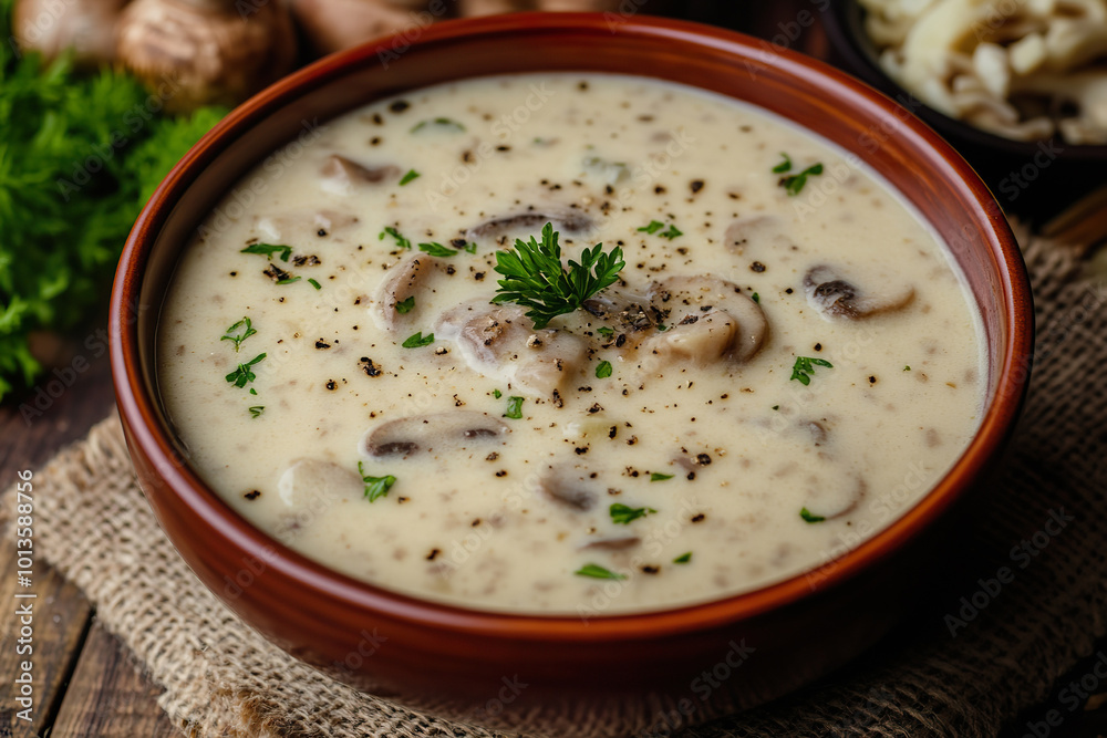 Delicious cream of mushroom soup garnished with herbs on a rustic wooden table Delicious cream of mushroom soup garnished with herbs on a rustic wooden table