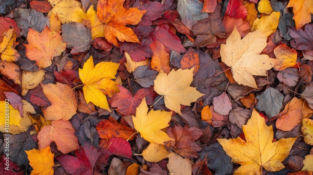 A colorful pile of autumn leaves in shades of orange, red, and yellow, covering the forest ground A colorful pile of autumn leaves in shades of orange, red, and yellow, covering the forest ground