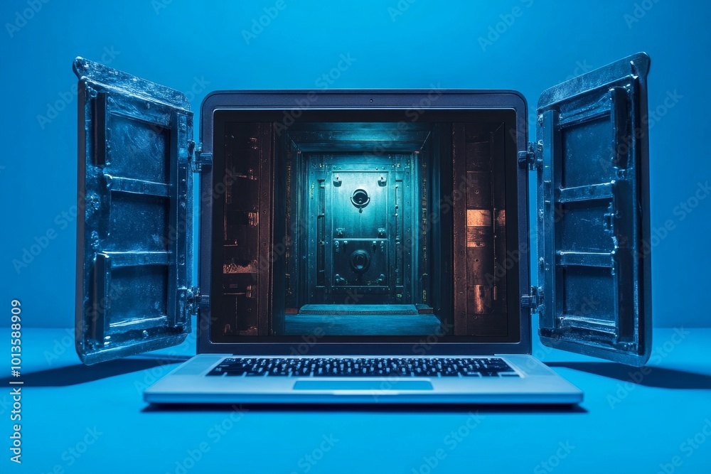 Fototapeta premium Laptop computer display and bank vault on blue background, Generative AI