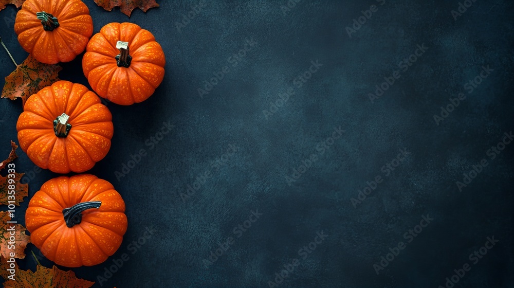 halloween theme scary background with jpumpkins and copy space banner, top view