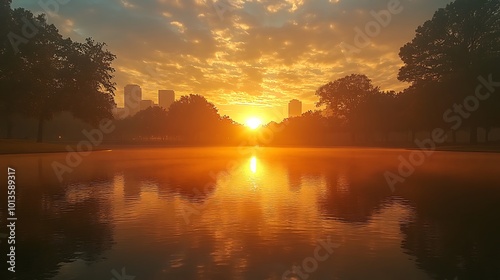 A vibrant sunrise casts a warm glow over a city skyline reflected in a misty lake.