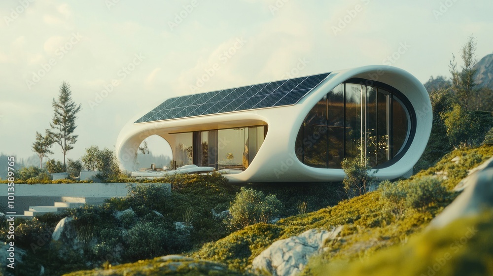 Modern, Curving House with Solar Panels on a Hillside Modern, Curving House with Solar Panels on a Hillside