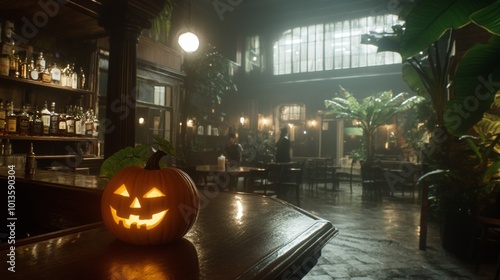 1920s speakeasy Halloween party carved pumpkins on the bar photo