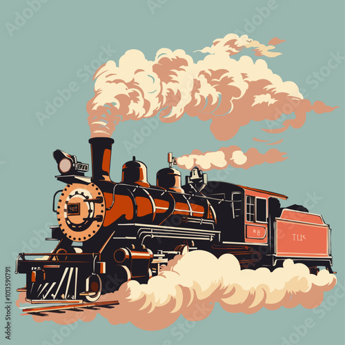 Vintage steam locomotive with detailed components and smoke, nostalgic travel, vector illustration for t-shirt, flat style.