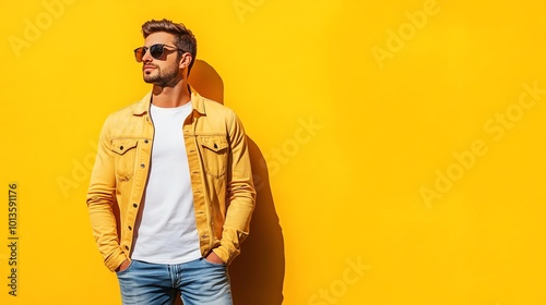A young man in a yellow denim jacket and sunglasses poses against a bright yellow background.