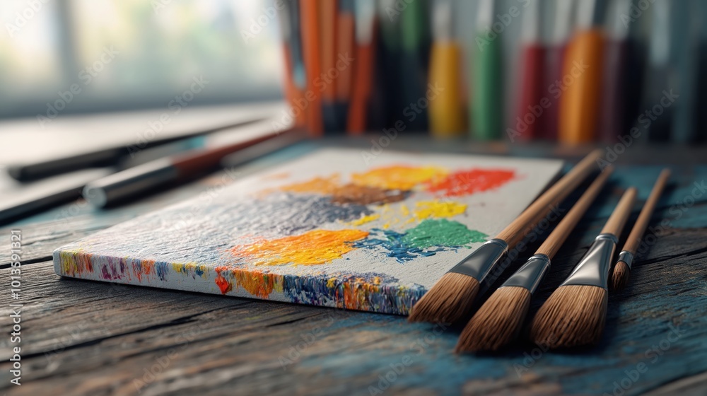 Colorful abstract art supplies and paintbrushes on a wooden studio workspace showcasing the creative tools and process of an Colorful abstract art supplies and paintbrushes on a wooden studio workspace showcasing the creative tools and process of an