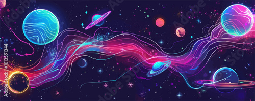 Neon galaxy, swirling stars and cosmic wonders, outer space beauty, neon style, vector illustration, flat style.