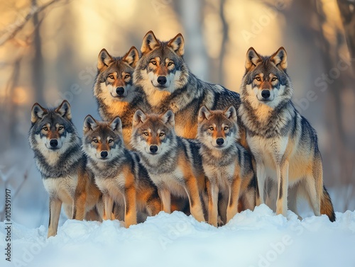 A pack of wolves in the snow, realistic photo style. The painting is done with oil paints and the color scheme should be warm colors, gray tones. A group consisting only grey wolves standing together.