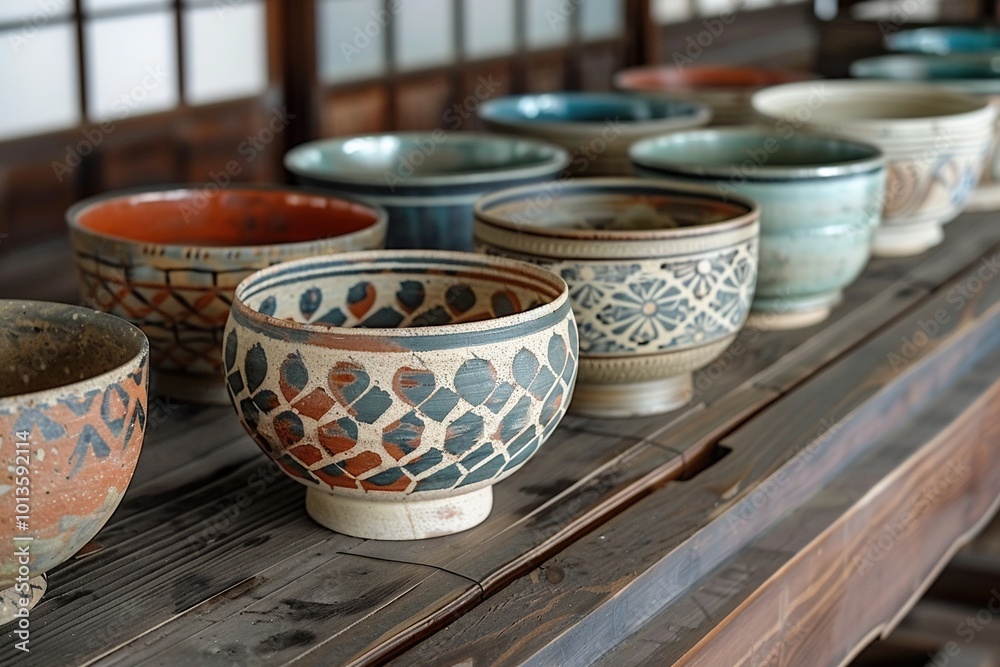 Row of bowls with different designs and colors Row of bowls with different designs and colors
