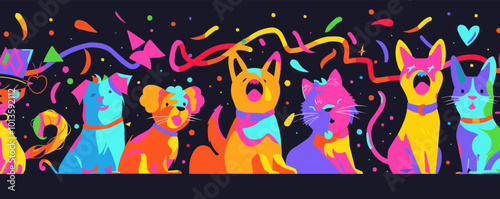 Neon pet parade, vibrant pets and colorful accessories, joyful celebration, neon style, vector illustration, flat style.