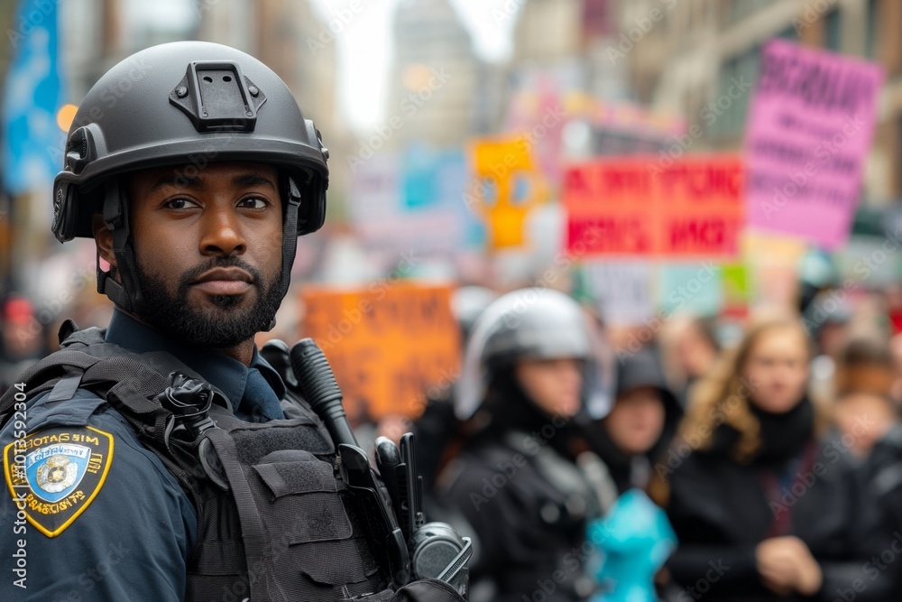 A police officer stands guard during a lively protest in the city. The atmosphere is charged with energy. People hold colorful signs. Tensions are high. Generative AI