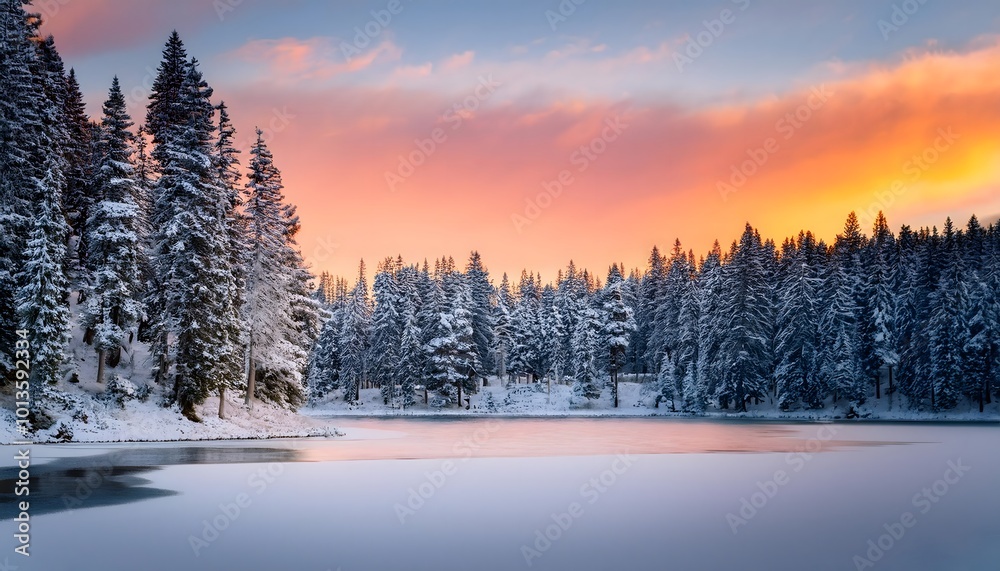 Fototapeta premium Frozen lake in snowy forest at sunset, pink and orange sky, winter nature