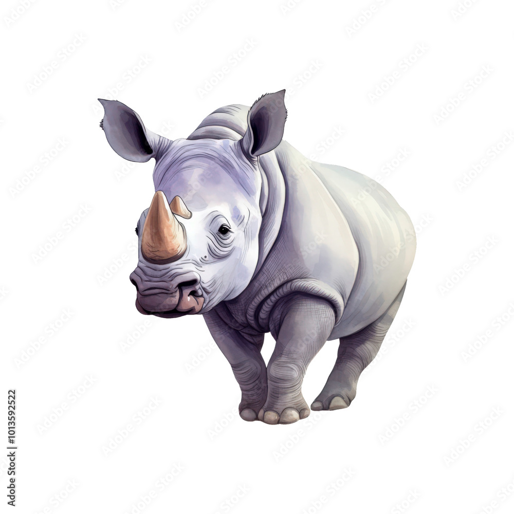 Fototapeta premium White rhinoceros watercolor illustration on white background, suitable for conservation, wildlife, and educational designs. Generative AI