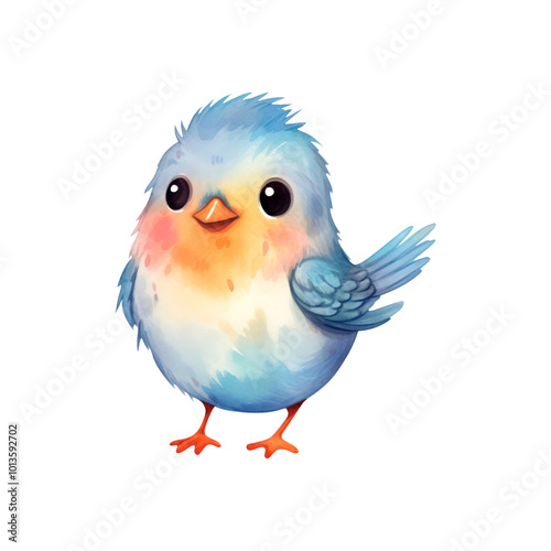A blue and orange bird perched on a twig is depicted in a charming watercolor style. Suitable for nature themed designs and greeting cards. Generative AI photo