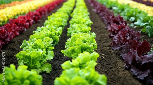 Rows of Green and Red Lettuce Plants in a Garden photo