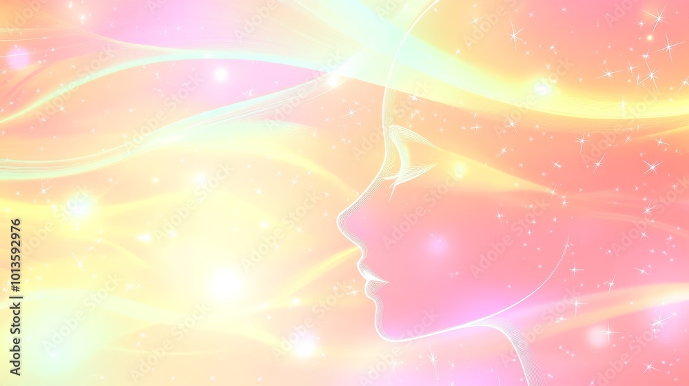 A glowing outline of a human head filled with soft pastel waves and stars A glowing outline of a human head filled with soft pastel waves and stars